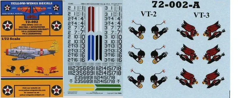 1/72 Yellow Wings Decals Usn Tbd-1 Devastator Vt-2 & Vt-3 1