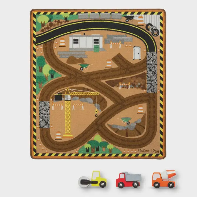 9407 Round The Construction Zone Work Site Rug & Vehicle Set 1