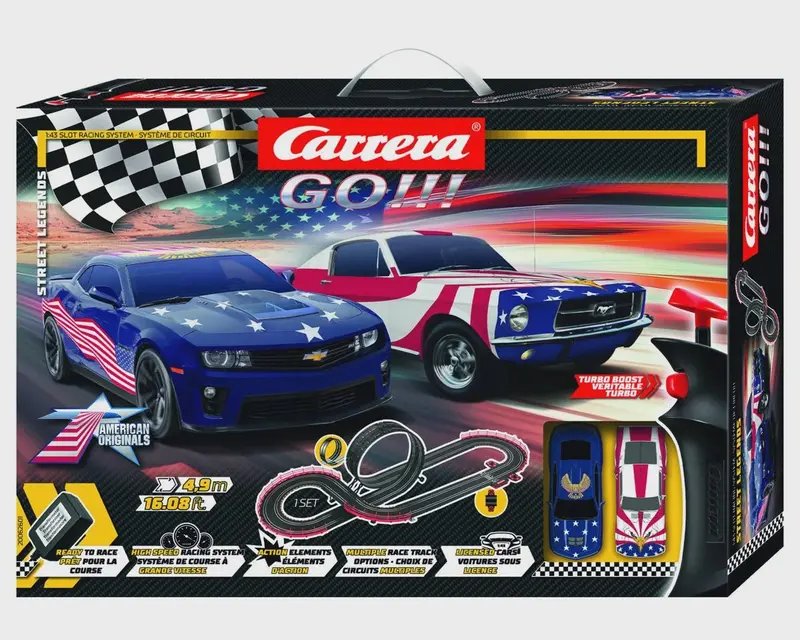 Carrera Go!!! Street Legends 1/43 Slot Car Racing Track Set W/Ford Mustang & Chevrolet Camaro Stars 'N Stripes Cars 1