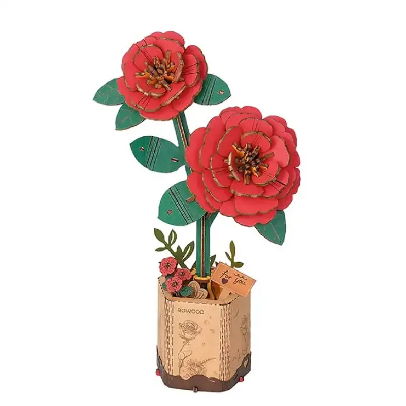 Tw031 Red Camellia Robotime Rowood Diy Wooden Flower 3D Puzzles 1