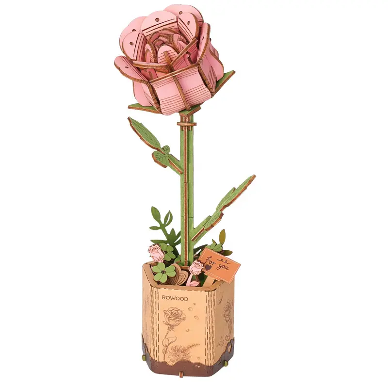 Tw041 Pink Rose Robotime Rowood Diy Wooden Flower 3D Puzzles 1
